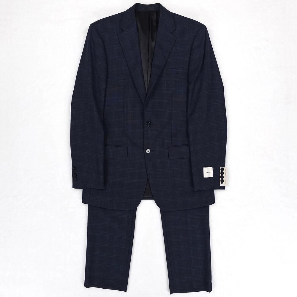Calvin Klein Mens Slim Fit 2 Piece Suit 40L 34x34 Navy Blue Plaid Stretch Wool